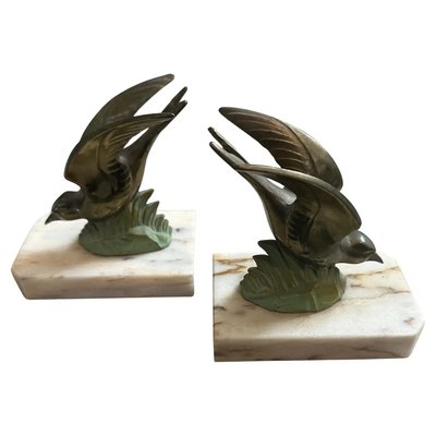 Vintage Art Deco French Metal and Marble Birds Bookends, 1930s, Set of 2-NMK-2036010