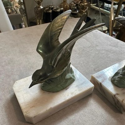 Vintage Art Deco French Metal and Marble Birds Bookends, 1930s, Set of 2-NMK-2036010