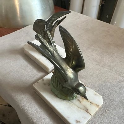 Vintage Art Deco French Metal and Marble Birds Bookends, 1930s, Set of 2-NMK-2036010