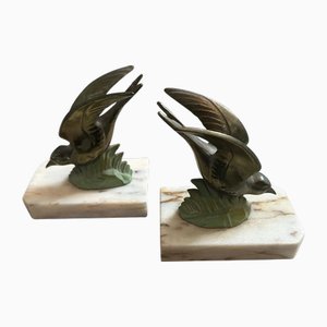 Vintage Art Deco French Metal and Marble Birds Bookends, 1930s, Set of 2-NMK-2036010