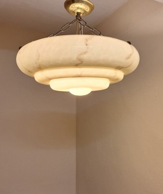 Vintage Art Deco German Ceiling Lamp with Beige, Brown Marbled Glass Shade on a Brass Mount, 1930s-HOI-2040249