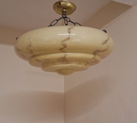 Vintage Art Deco German Ceiling Lamp with Beige, Brown Marbled Glass Shade on a Brass Mount, 1930s-HOI-2040249