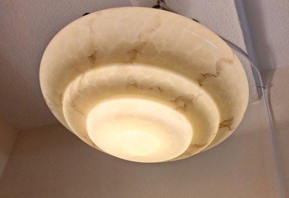 Vintage Art Deco German Ceiling Lamp with Beige, Brown Marbled Glass Shade on a Brass Mount, 1930s-HOI-2040249