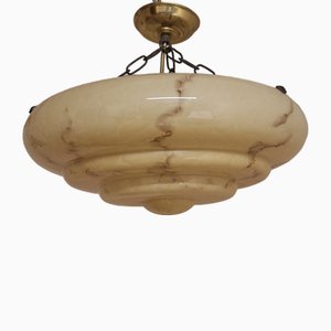 Vintage Art Deco German Ceiling Lamp with Beige, Brown Marbled Glass Shade on a Brass Mount, 1930s-HOI-2040249