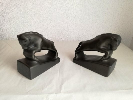 Vintage Art Deco Glazed Ceramic Bull Bookends, Yugoslavia, 1930s, Set of 2-NKJ-1295583