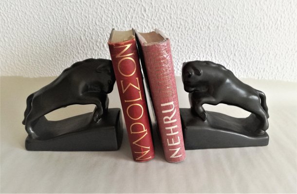 Vintage Art Deco Glazed Ceramic Bull Bookends, Yugoslavia, 1930s, Set of 2-NKJ-1295583