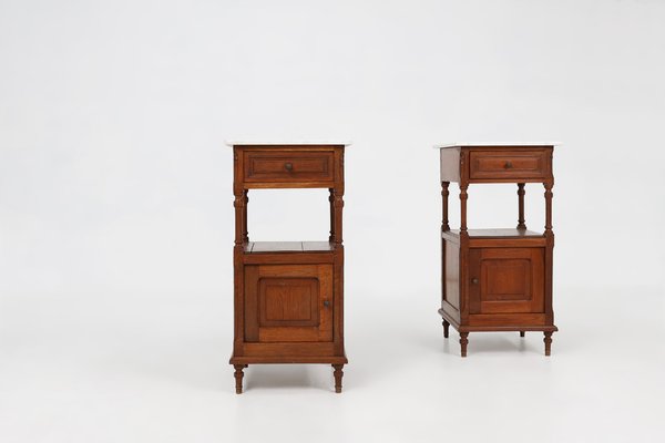 Vintage Art Deco Nightstands in Oak with Carrara Marble Top, 1930s, Set of 2-YSY-2043621