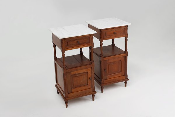 Vintage Art Deco Nightstands in Oak with Carrara Marble Top, 1930s, Set of 2-YSY-2043621