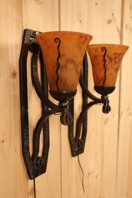 Vintage Art Deco Wall Lights in Wrought Iron, 1930s, Set of 2-KMQ-1814495