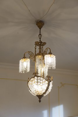 Vintage Art Nouveau Style Brass Chandelier with Swarovski Crystals, 1950s-QES-667906