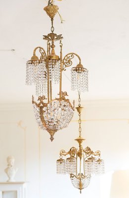 Vintage Art Nouveau Style Brass Chandelier with Swarovski Crystals, 1950s-QES-667906