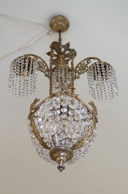 Vintage Art Nouveau Style Brass Chandelier with Swarovski Crystals, 1950s-QES-667906