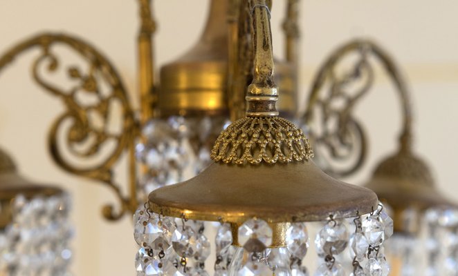 Vintage Art Nouveau Style Brass Chandelier with Swarovski Crystals, 1950s-QES-667906