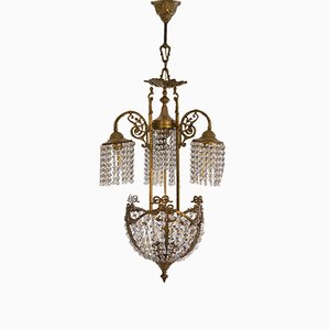 Vintage Art Nouveau Style Brass Chandelier with Swarovski Crystals, 1950s-QES-667906