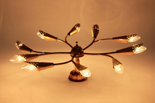 Vintage Austrian Brass 10-Arm Flush Mount Ceiling Lamp by Rupert Nikoll, 1950s-NB-668055