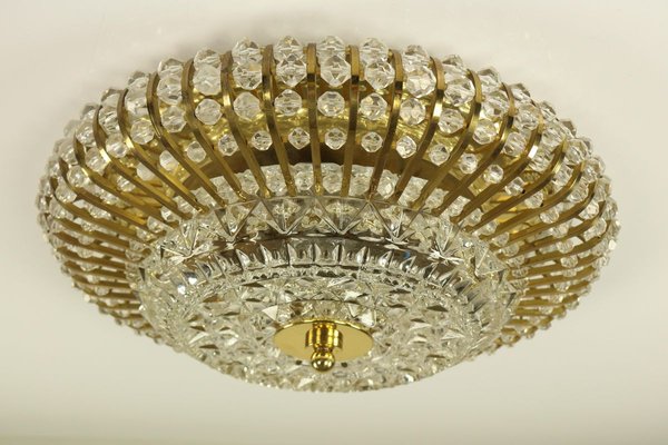 Vintage Austrian Glass, Brass, and Diamond Cut Acrylic Glass Flush Mount Ceiling Lamp, 1950s-FUP-724783