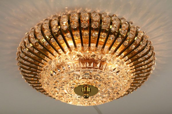 Vintage Austrian Glass, Brass, and Diamond Cut Acrylic Glass Flush Mount Ceiling Lamp, 1950s-FUP-724783