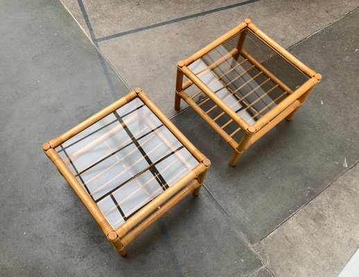 Vintage Bamboo and Glass Side Tables, 1970s, Set of 2-UAH-1344161