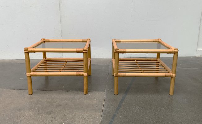 Vintage Bamboo and Glass Side Tables, 1970s, Set of 2-UAH-1344161