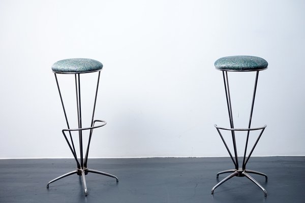 Vintage Bar Stools in Peacock Fabric, 1960s, Set of 2-CIP-1151091