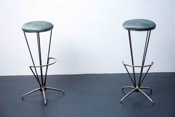 Vintage Bar Stools in Peacock Fabric, 1960s, Set of 2-CIP-1151091