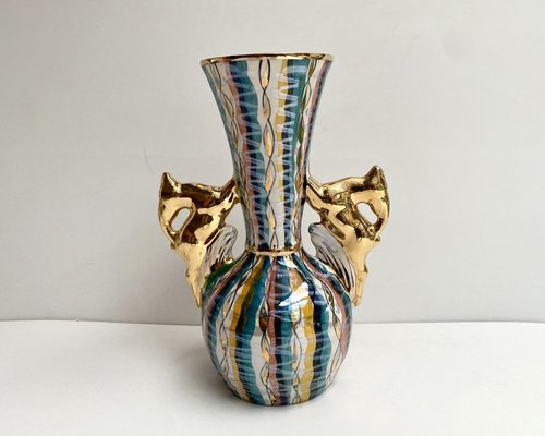 Vintage Baroque Ceramic Vase with Deer Stag Shape Handles from H.Bequet, Belgium, 1960s-GYX-1778079