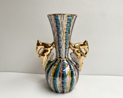 Vintage Baroque Ceramic Vase with Deer Stag Shape Handles from H.Bequet, Belgium, 1960s-GYX-1778079