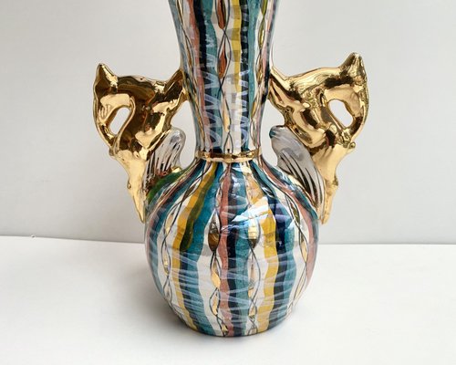 Vintage Baroque Ceramic Vase with Deer Stag Shape Handles from H.Bequet, Belgium, 1960s-GYX-1778079