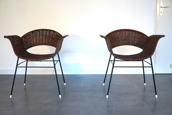 Vintage Basket Chairs in Rattan and Metal, 1950s, Set of 2-CIP-2035752