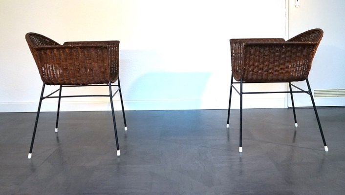 Vintage Basket Chairs in Rattan and Metal, 1950s, Set of 2-CIP-2035752