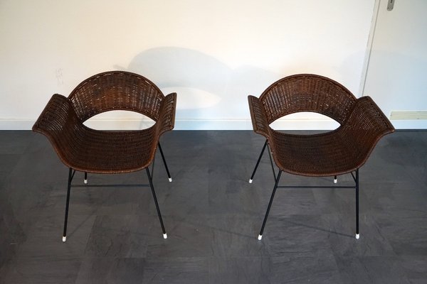 Vintage Basket Chairs in Rattan and Metal, 1950s, Set of 2-CIP-2035752