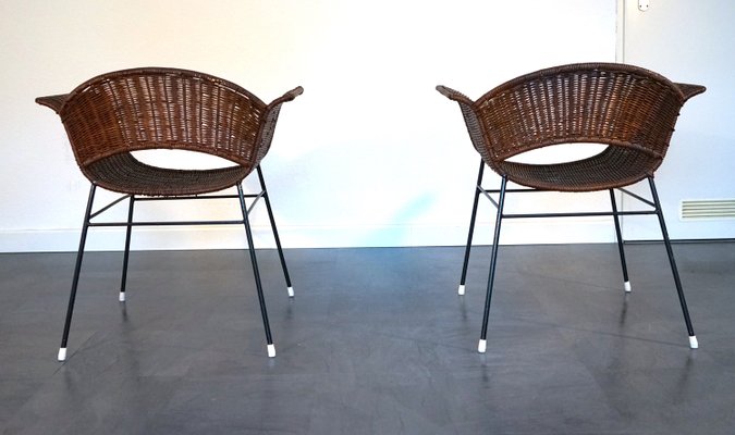 Vintage Basket Chairs in Rattan and Metal, 1950s, Set of 2-CIP-2035752