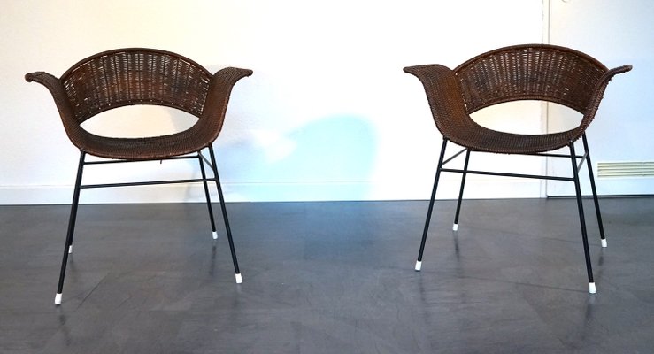 Vintage Basket Chairs in Rattan and Metal, 1950s, Set of 2-CIP-2035752