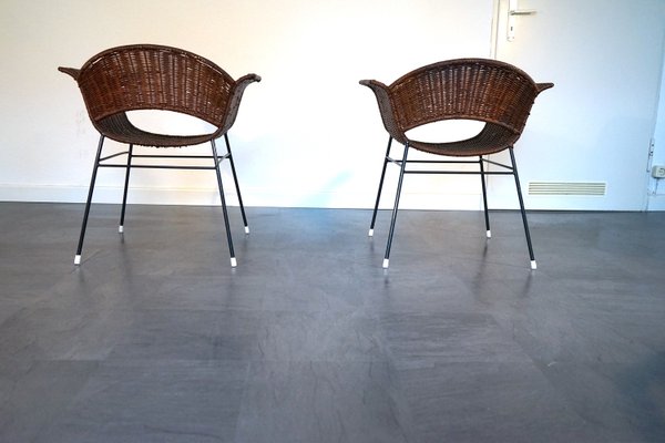 Vintage Basket Chairs in Rattan and Metal, 1950s, Set of 2-CIP-2035752