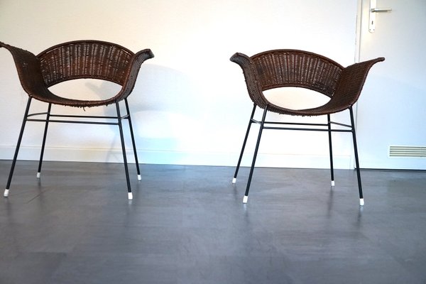 Vintage Basket Chairs in Rattan and Metal, 1950s, Set of 2-CIP-2035752