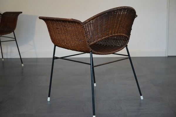 Vintage Basket Chairs in Rattan and Metal, 1950s, Set of 2-CIP-2035752