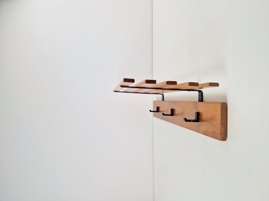 Vintage Bauhaus Teak Wood Wall Coat Rack & Hat Shelf, 1960s-AXJ-2038028