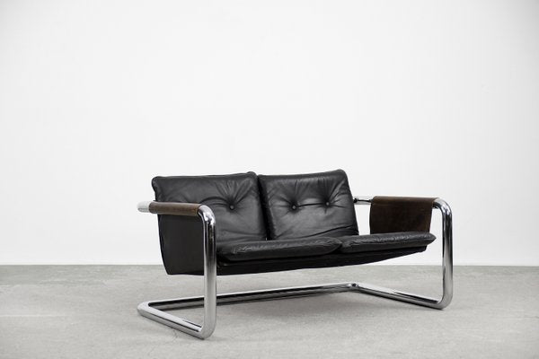 Vintage Bauhaus Tubular Metal & Leather Sofa, 1950s-ZAA-906328