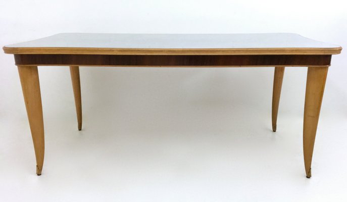 Vintage Beech and Maple Dining Table with Patterned Glass Top, Italy, 1950s-JPQ-2018406