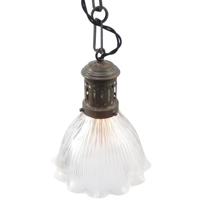 Vintage Belgian Industrial Glass and Brass Top Pendant Light from Holophane-BLS-1816697