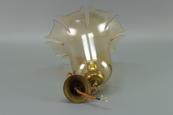 Vintage Bell-Shaped Glass and Brass Pendant Lamp-KEG-943796