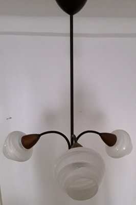 Vintage Black Lacquered Metal Frame, Teak, White Lacquered Glass Shades & Brass Finish 3-Arm Ceiling Lamp, 1970s-HOI-742205