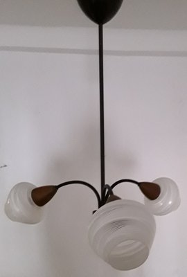 Vintage Black Lacquered Metal Frame, Teak, White Lacquered Glass Shades & Brass Finish 3-Arm Ceiling Lamp, 1970s-HOI-742205