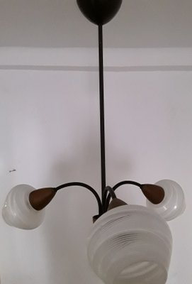 Vintage Black Lacquered Metal Frame, Teak, White Lacquered Glass Shades & Brass Finish 3-Arm Ceiling Lamp, 1970s-HOI-742205