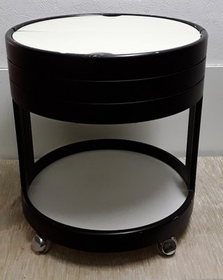 Vintage Black Painted Press Wood with White Plywood Lids Round Side Sewing Tables on Rolls, 1970s-HOI-1153532