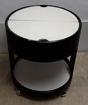 Vintage Black Painted Press Wood with White Plywood Lids Round Side Sewing Tables on Rolls, 1970s-HOI-1153532