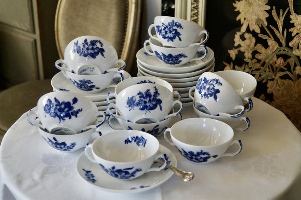 Vintage Blue Flowers Soup Bouillon Cup and Saucers from Royal Copenhagen, 1985, Set of 14-DVX-2033915