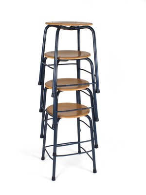 Vintage Blue Metal Frame Stools, Set of 4-PX-623322