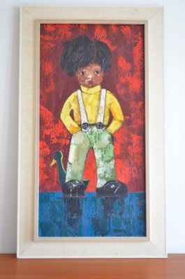 Vintage Boy with a Duck Oil Painting, 1960s-OV-644486