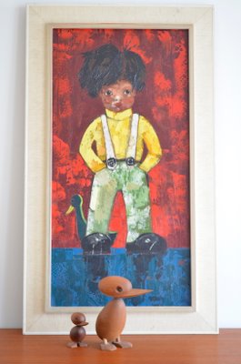 Vintage Boy with a Duck Oil Painting, 1960s-OV-644486